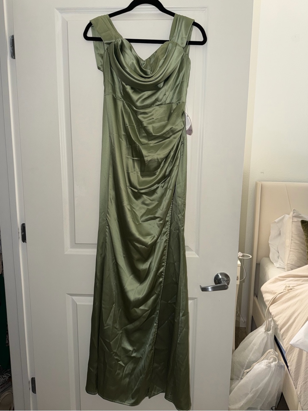 Satin Cowl Neck Olive Green Evening Dress